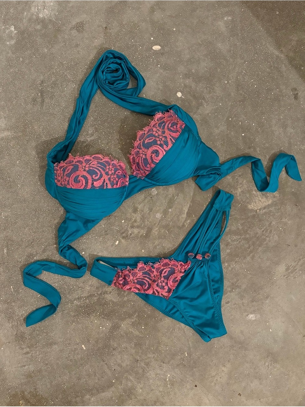 Beach Bunny Teal & Pink Lace Bikini Set